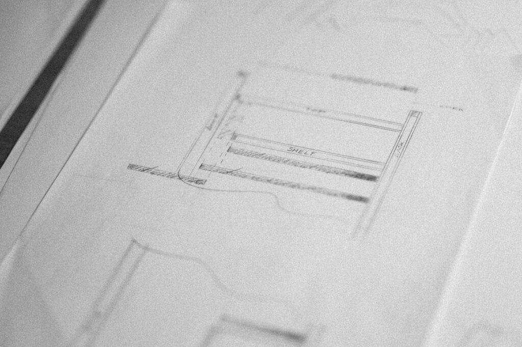 A CLOSEUP OF A TECHNICAL DRAWING FOR A PIECE OF FURNITURE, DESIGNED AS PART OF A FURNITURE DESIGN COURSE AT ROWDEN ATELIER