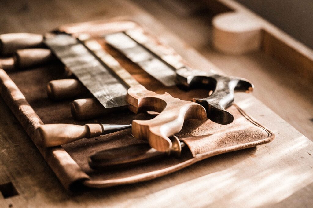 A CLOSEUP OF HAND TOOLS, USED AS PART OF THE FURNITURE MAKING COURSES AT ROWDEN ATELIER