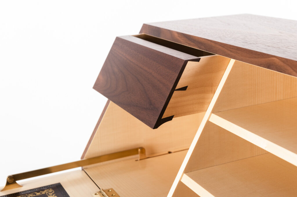 Drawer detail showing dovetails from a student made writing cabinet on a Rowden Atelier woodworking course.