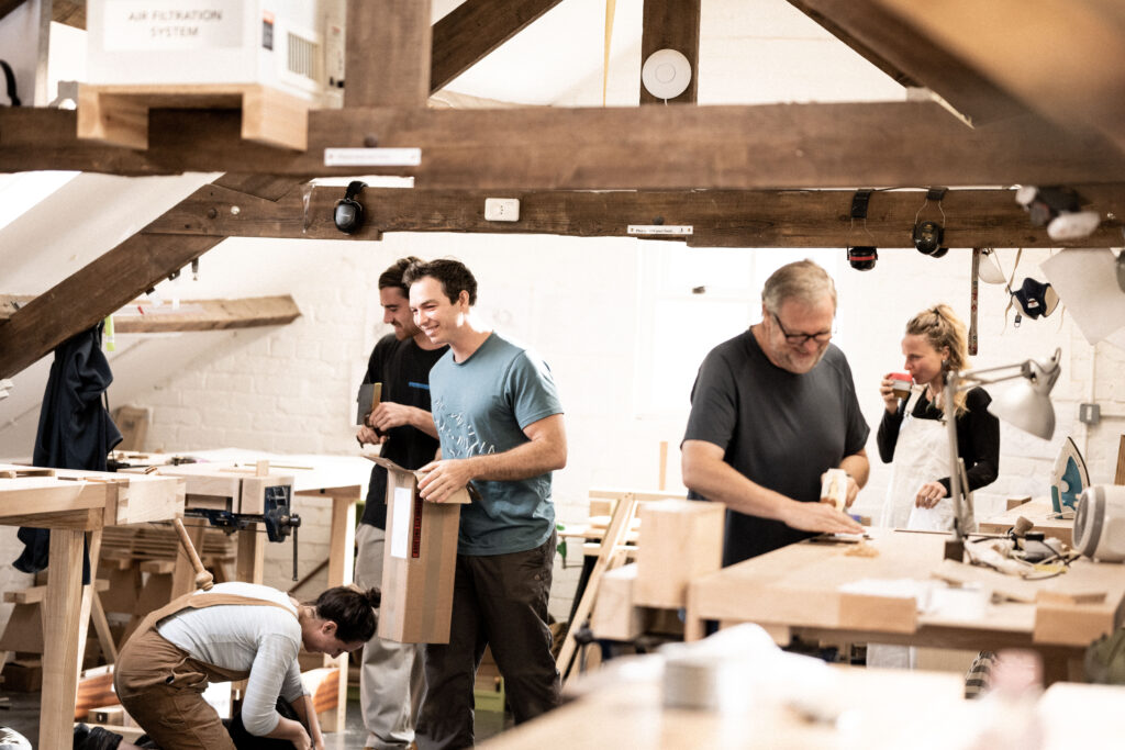 students in the workshop on a furniture design making course at Rowden Atelier, UK fine woodworking school