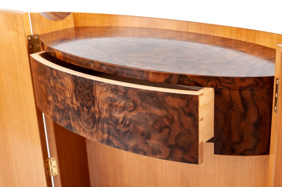 close up of a drawer, on a student made cabinet, made as part of a fine furniture making course at Rowden Atelier